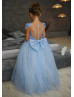 Blue Beaded 3D Flowers Tulle Flower Girl Dress With Glitter Train